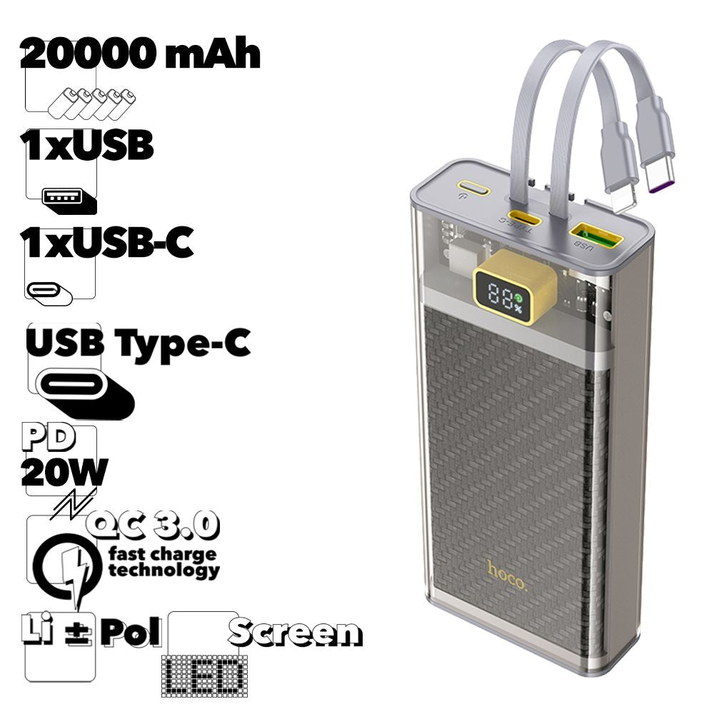 (20000mAh) PD 20W QC3.0 Portable Battery Pack Charger Power Bank with USB-C Lightning Cables