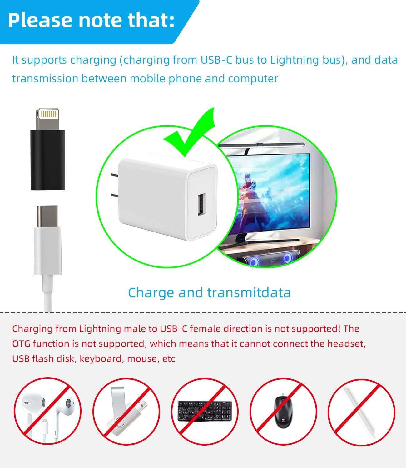 (Paquet de 2) connecteur adaptateur USB-C femelle vers Lightning mâle