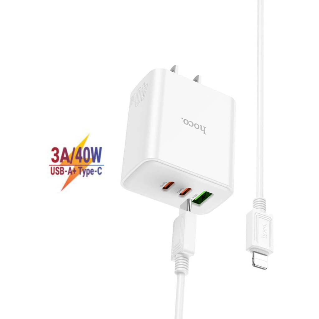 PD 40W Triple Ports Port USB-A et 2x Ports USB-C Adaptateur secteur pour chargeur mural