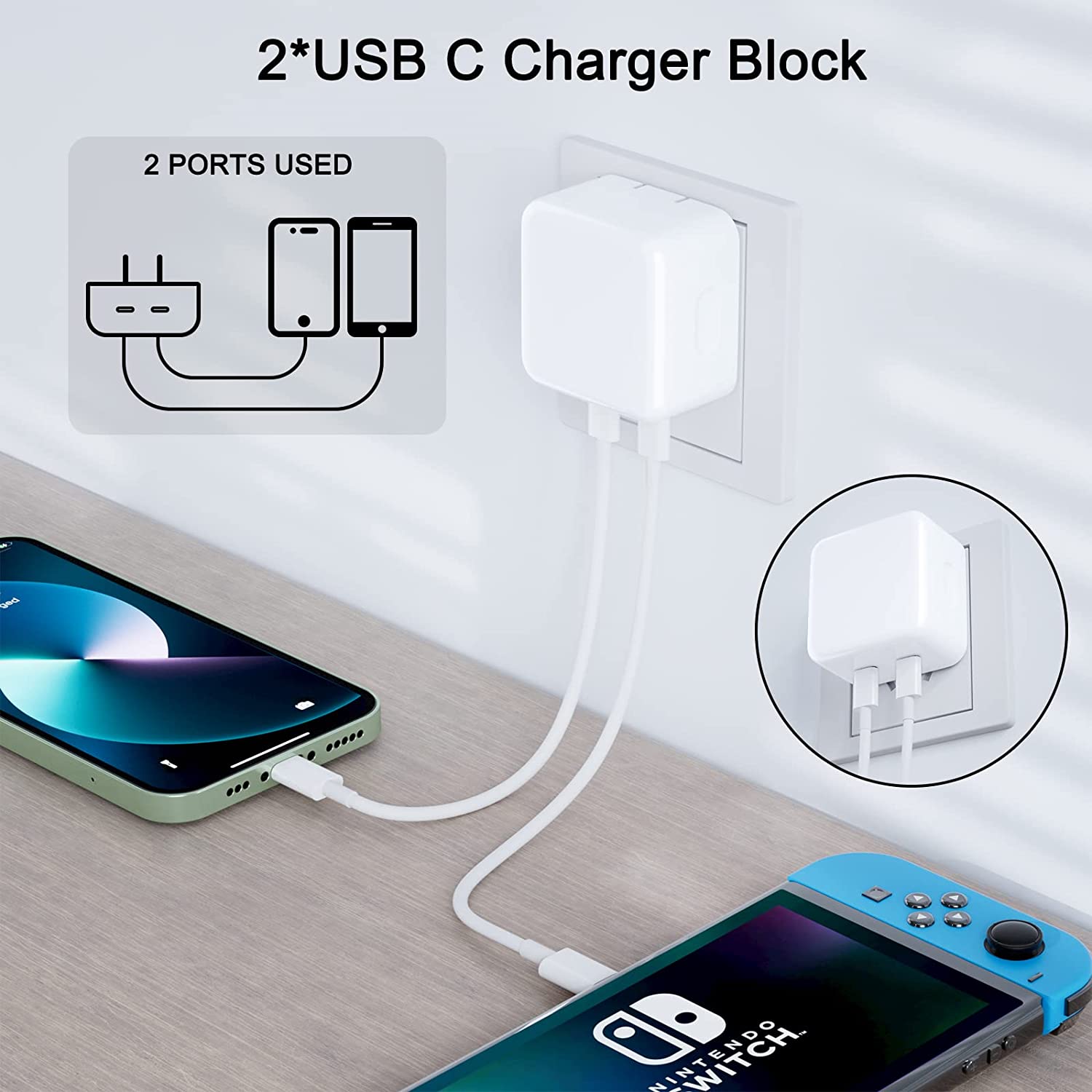 Adaptateur secteur à charge rapide double USB-C PD 3.0 35 W, chargeur mural et câble USB-C vers Lightning (1 m et 2 m)