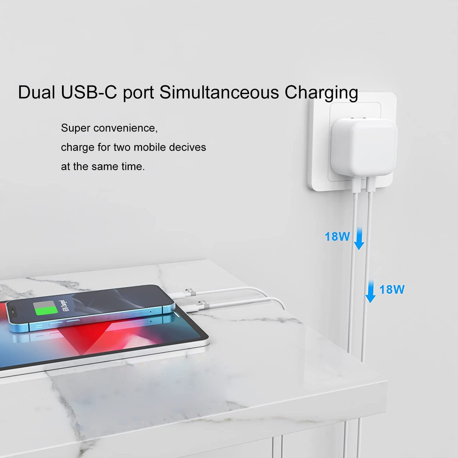 (35W) Dual USB-C PD 3.0 Fast Charging Power Adapter Wall Charger & USB-C Cable + Lightning Cable (1m)