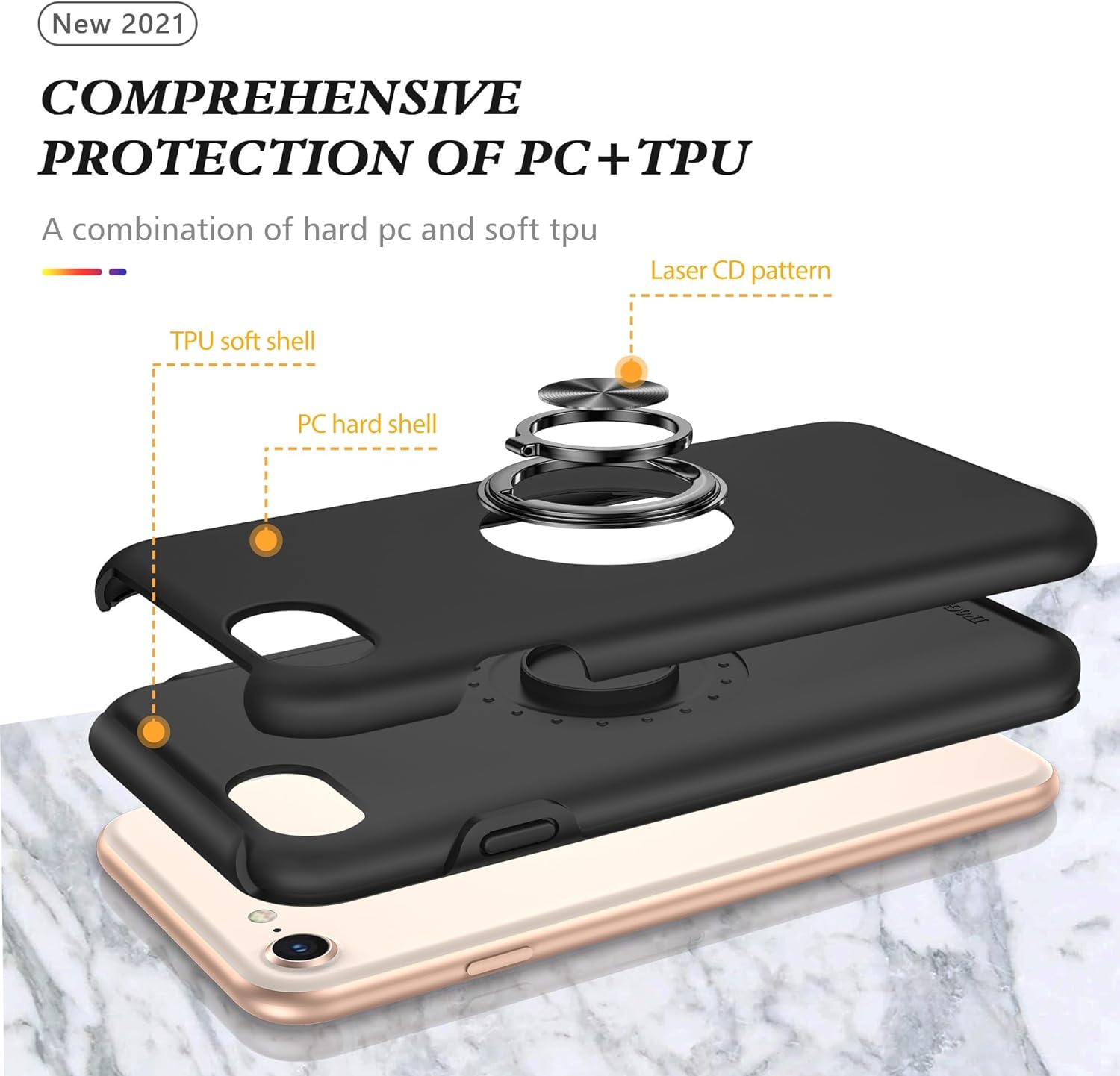 Coque hybride magnétique avec anneau invisible pour iPhone 7/8/SE (2e génération)