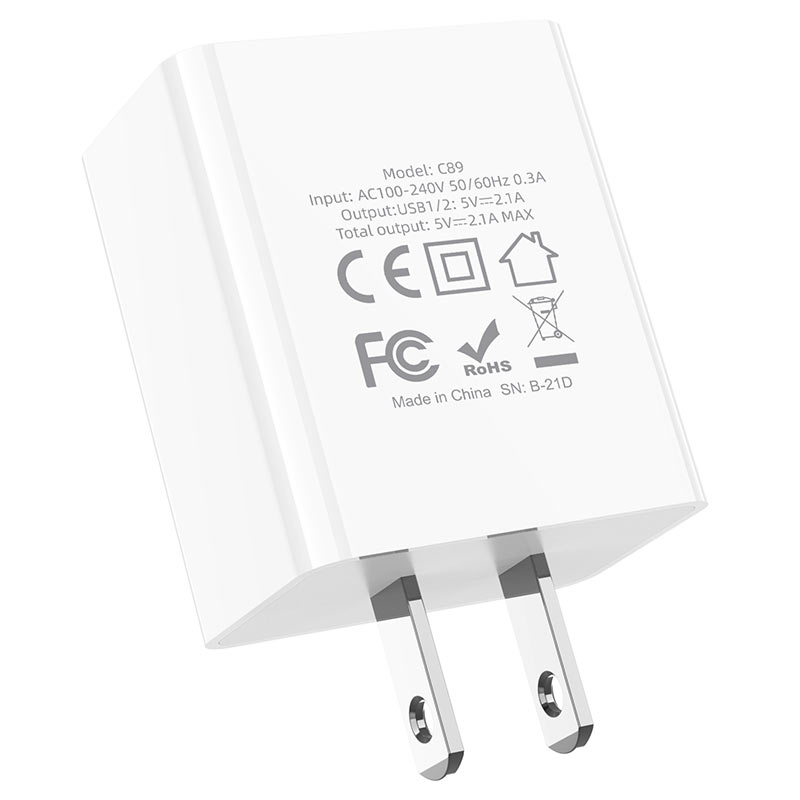 Adaptateur de voyage pour chargeur de prise murale d'alimentation à deux ports USB-A