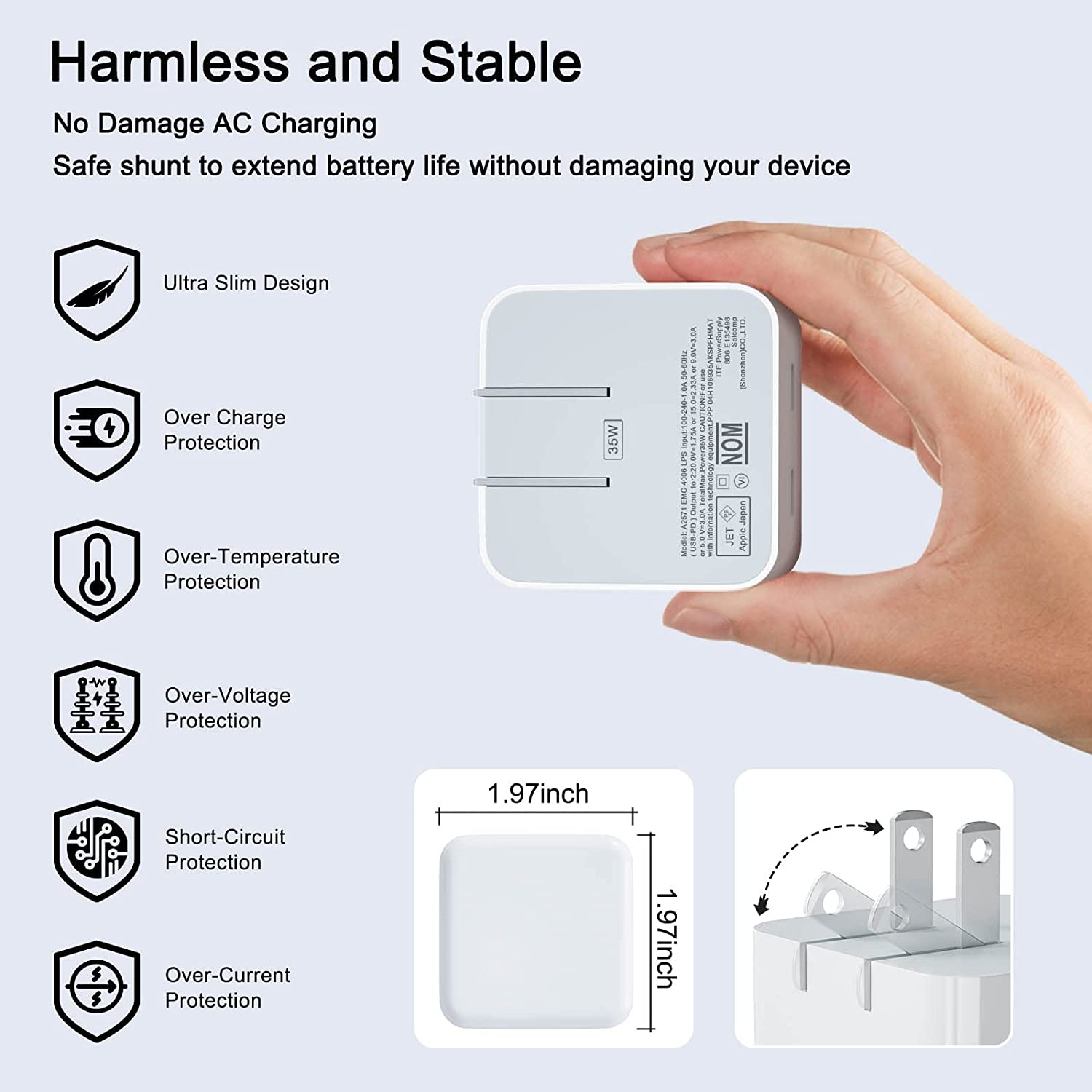 Adaptateur secteur à charge rapide double USB-C PD 3.0 35 W, chargeur mural et câble USB-C vers Lightning (1 m et 2 m)