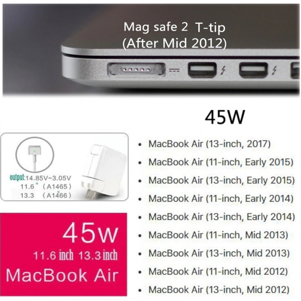 45W Magsafe 2 Power Adapter Wall Charger (T-Tip Connector)