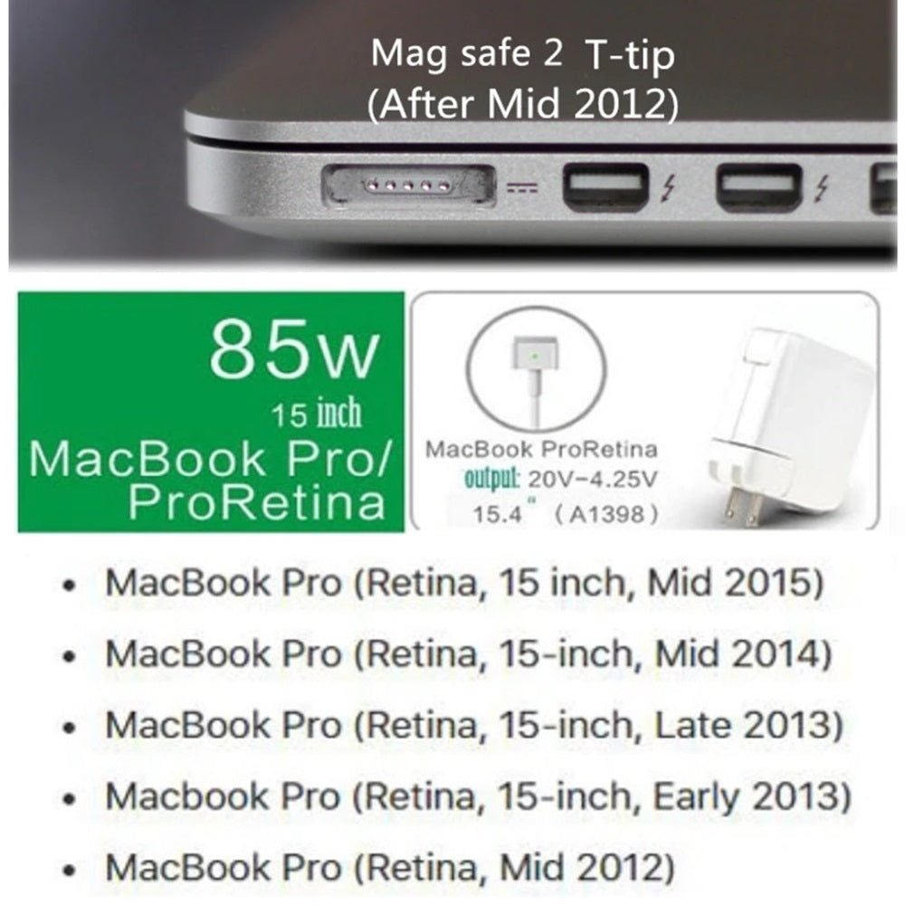 85W Magsafe 2 Power Adapter Wall Charger (T-Tip Connector)