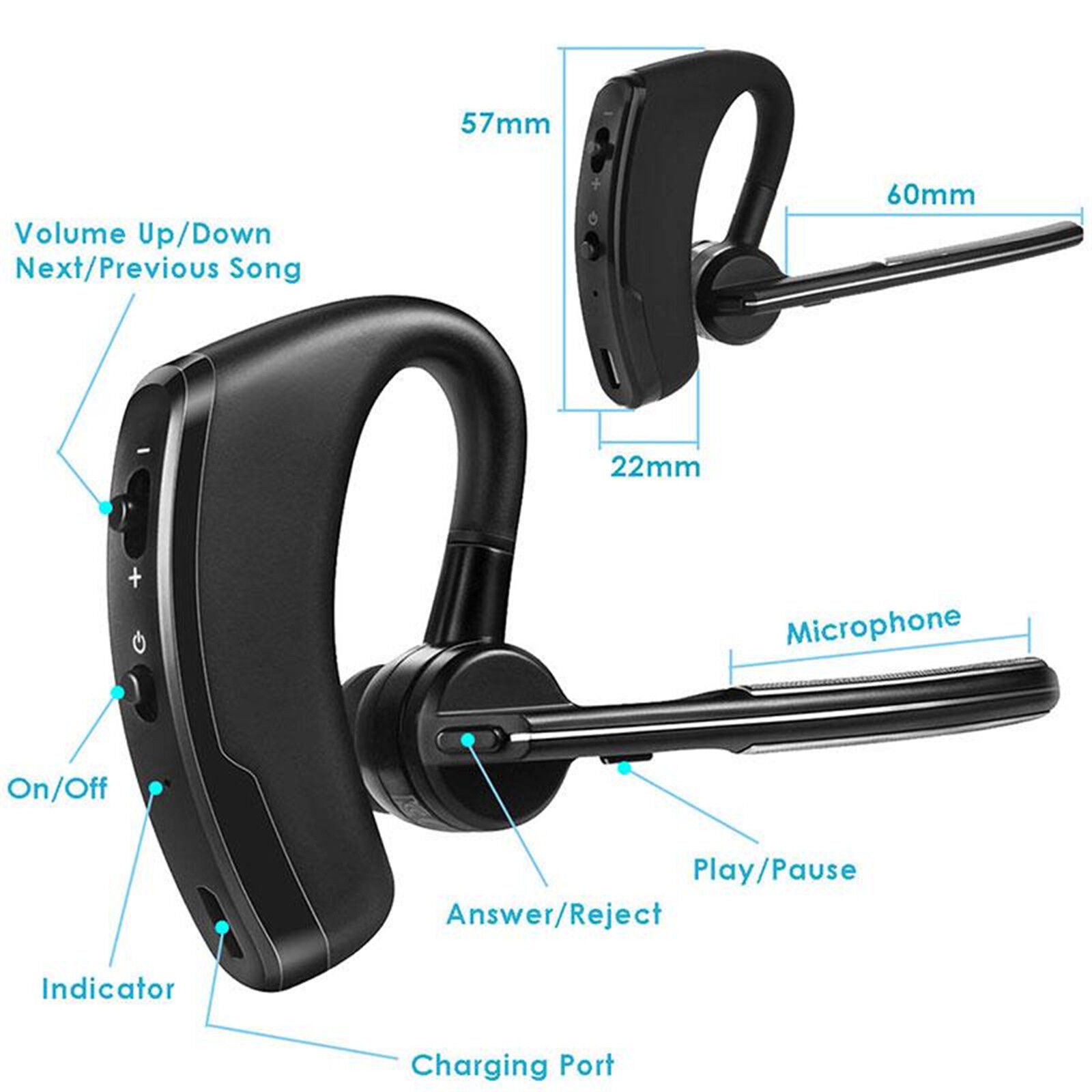 Wireless Bluetooth Headset Handsfree Earphone Hook In-ear Stereo Noise Cancellation & Mic