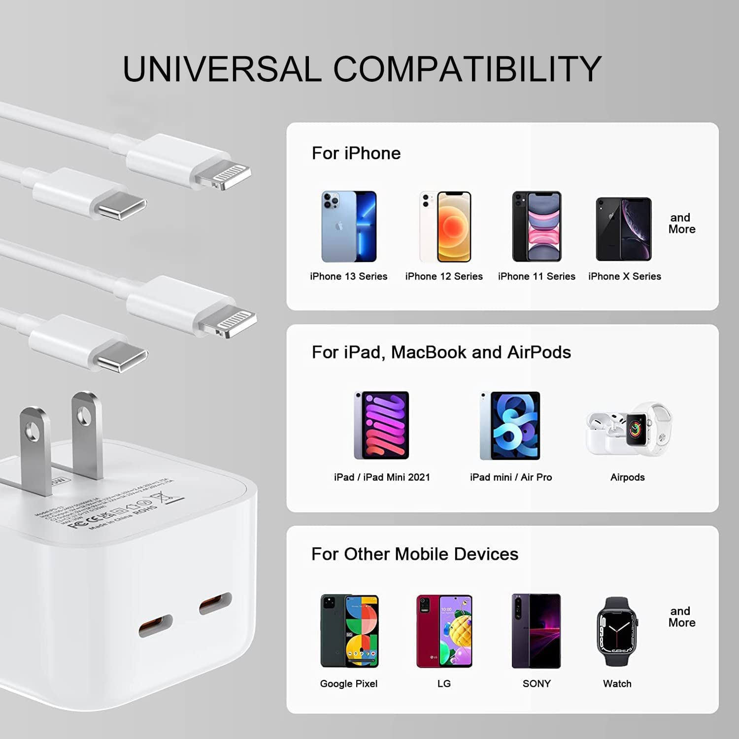 (35W) Dual USB-C PD 3.0 Fast Charging Power Adapter Wall Charger & USB-C Cable + Lightning Cable (1m)