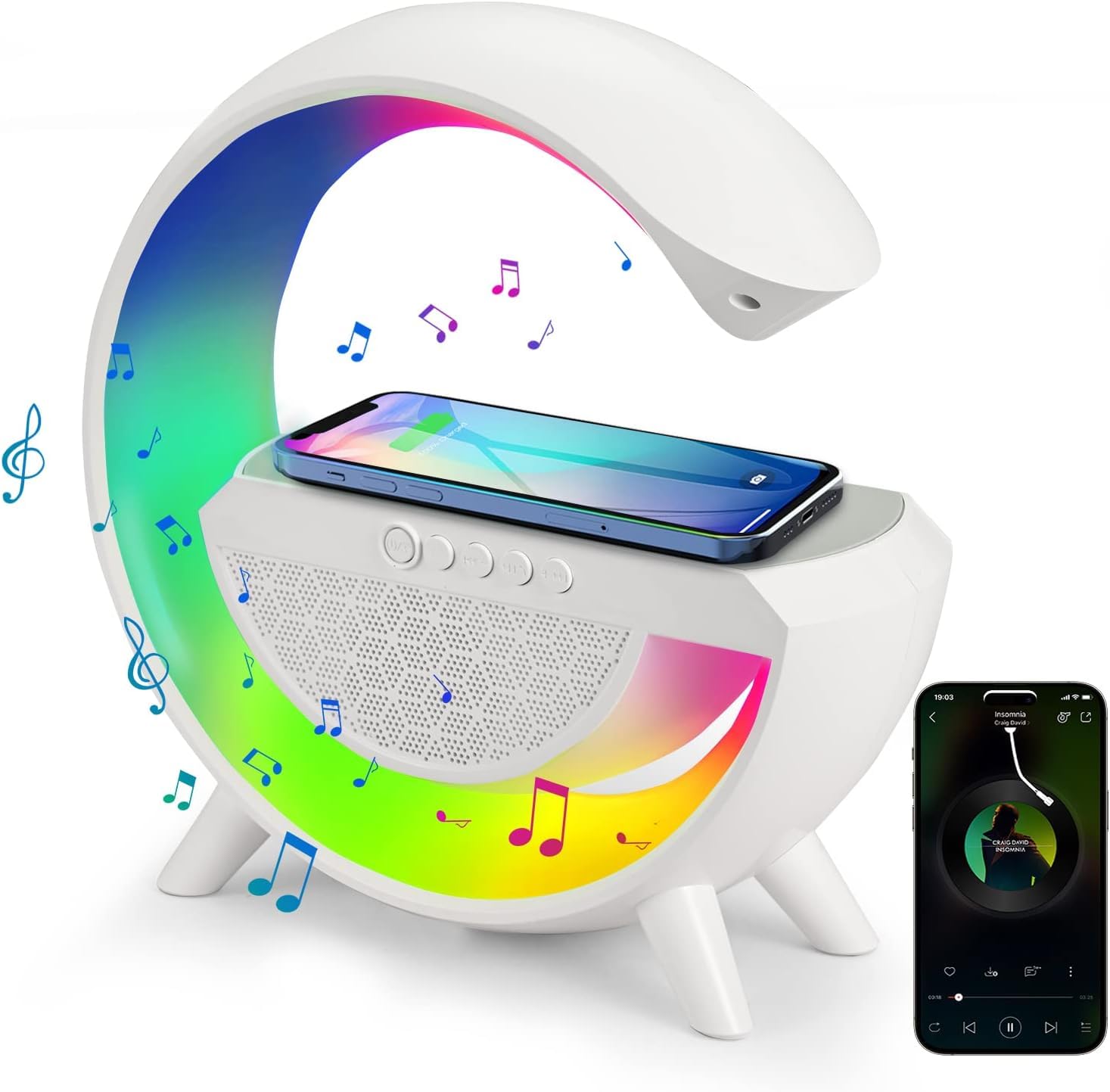 LED Lamp Night Light Wireless Bluetooth Stereo Speaker with Wireless Charger Stand