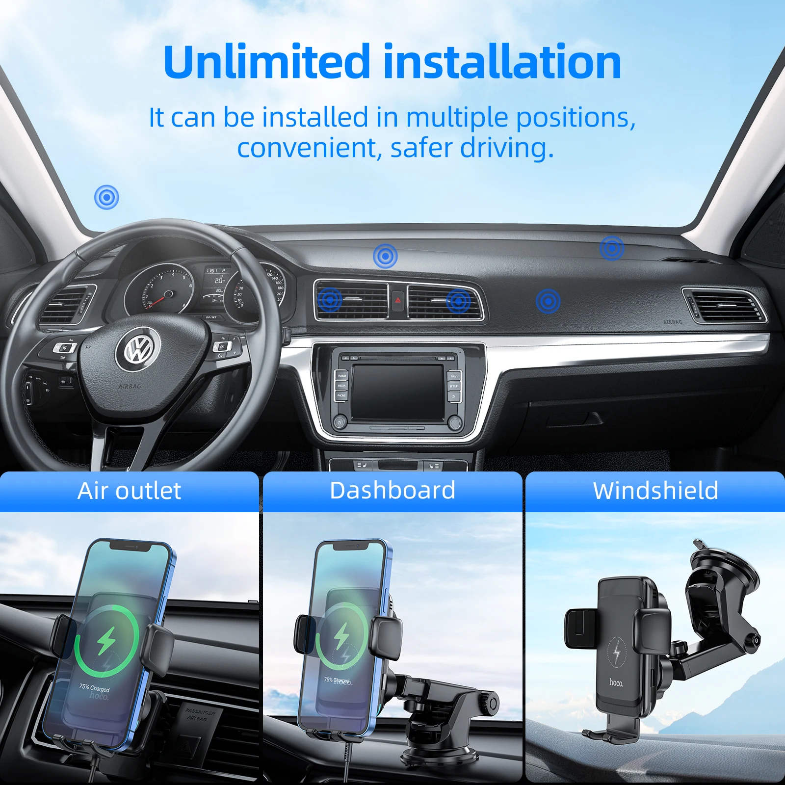 Dashboard Windshield Air Vent Outlet Mount Wireless Charger Car Cell Phone Holder