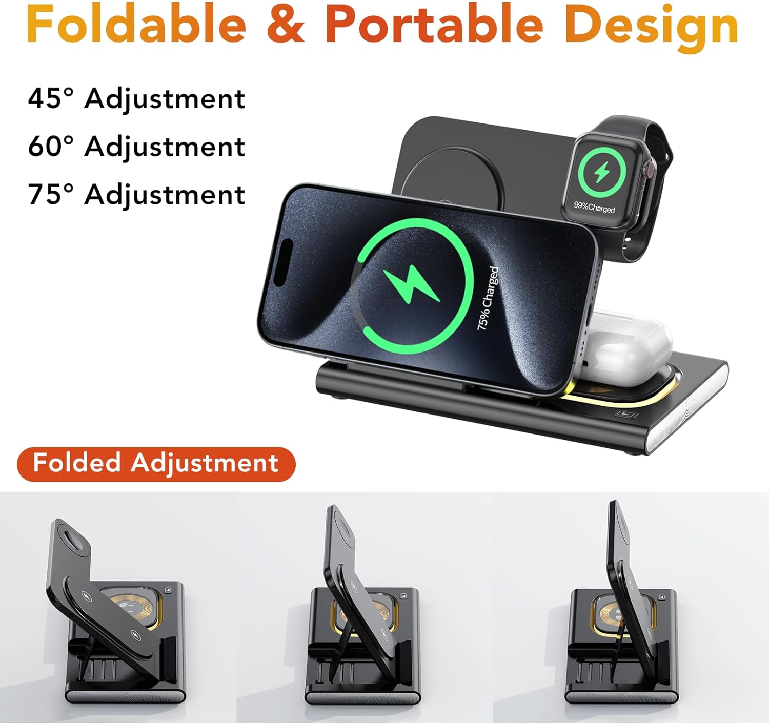 4 in 1 Foldable Magnetic Wireless Charger Stand Dock Station with Night Light