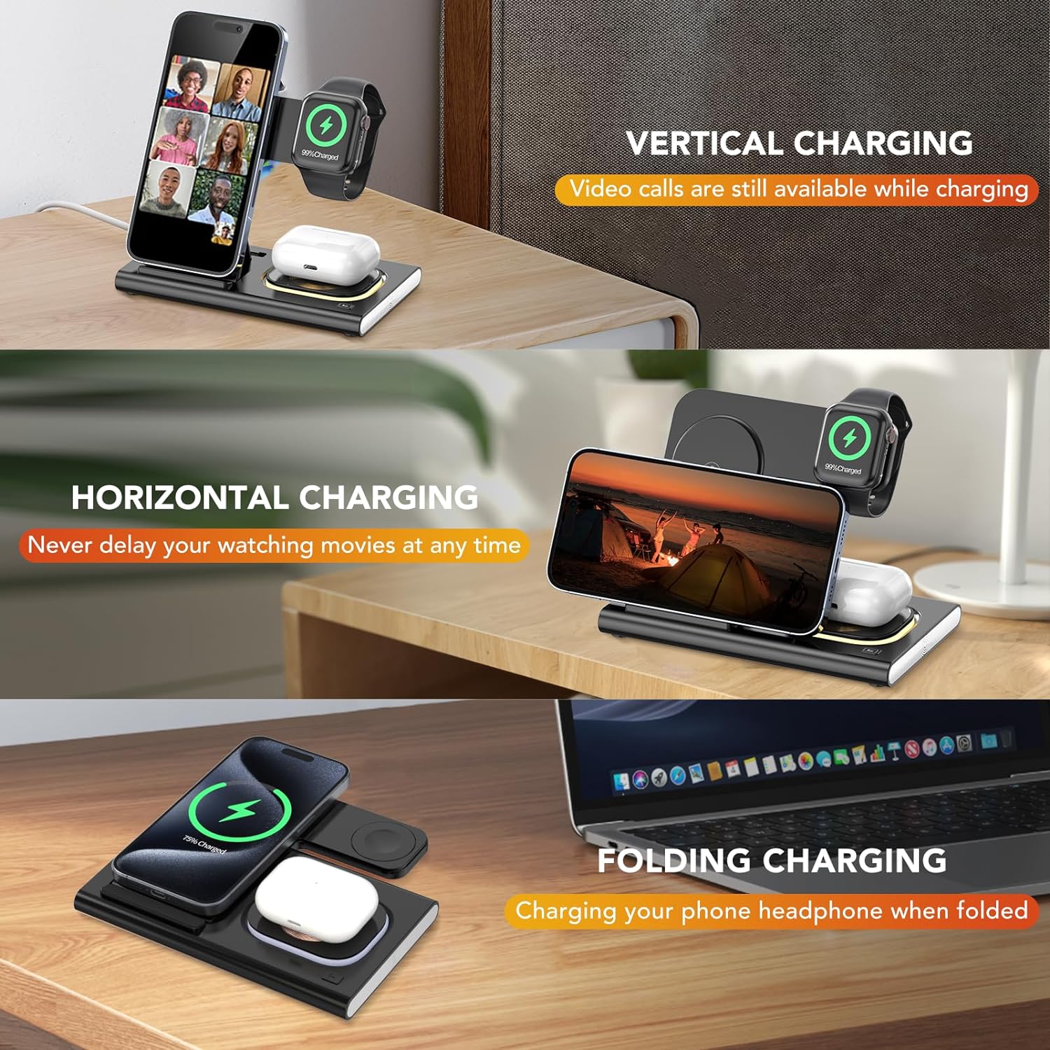 4 in 1 Foldable Magnetic Wireless Charger Stand Dock Station with Night Light