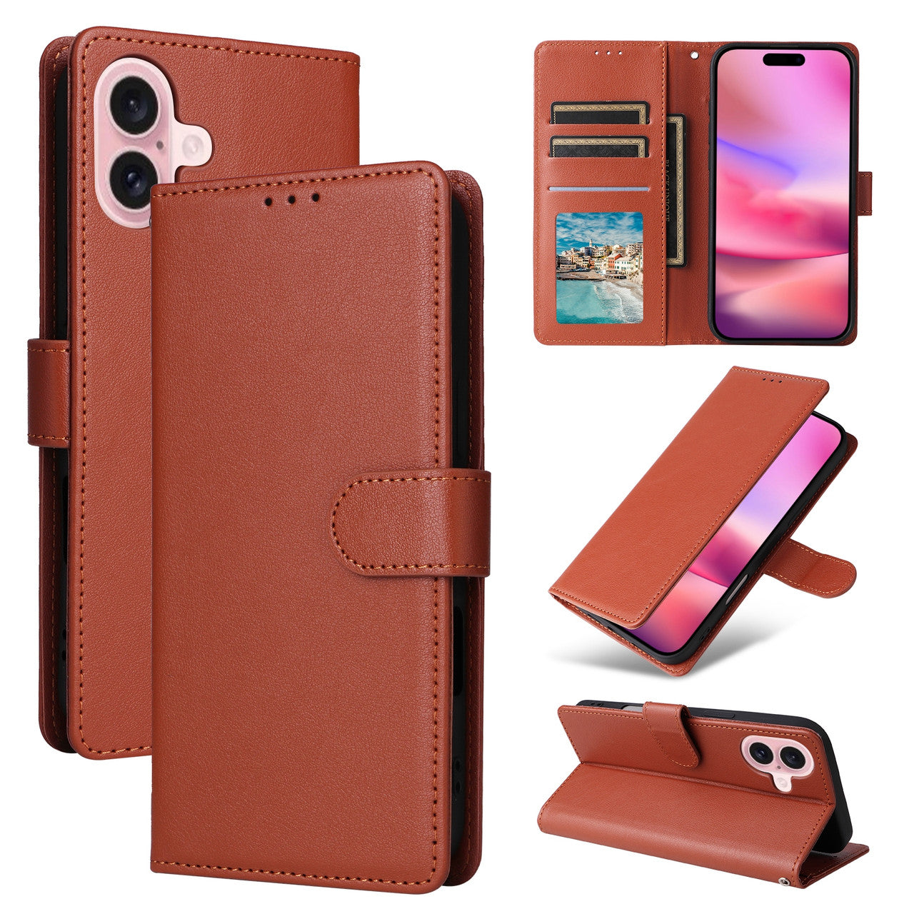 Leather Folio Wallet Case for iPhone 16 Plus