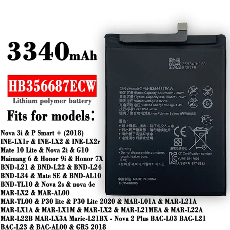 Batterie de remplacement pour Huawei P30 Lite / Nova 2 Plus / Mate 10 Lite / Honor 7x / G10, HB356687ECW