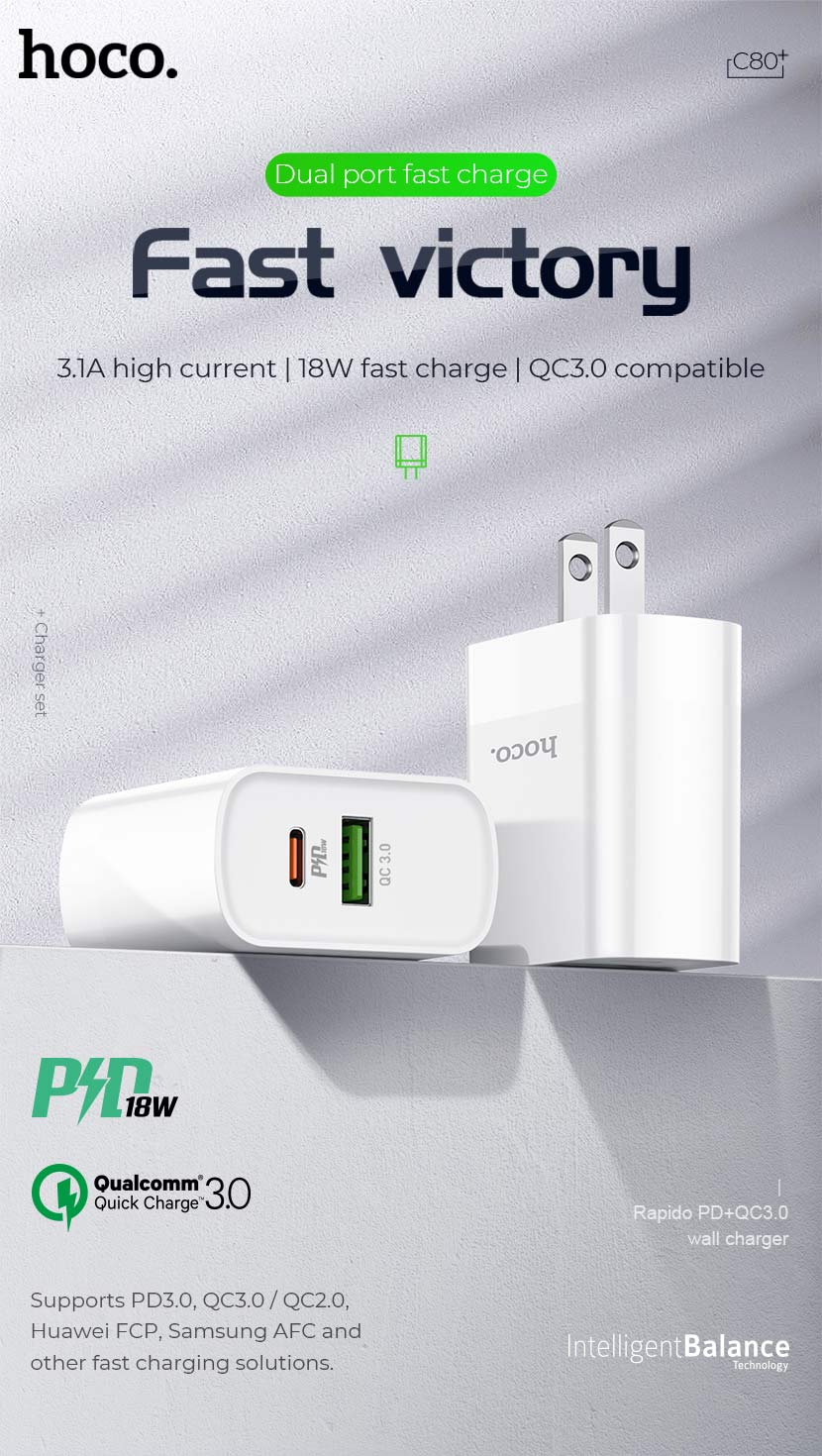 Chargeur mural rapide QC3.0 18 W USB-A et USB-C à double port