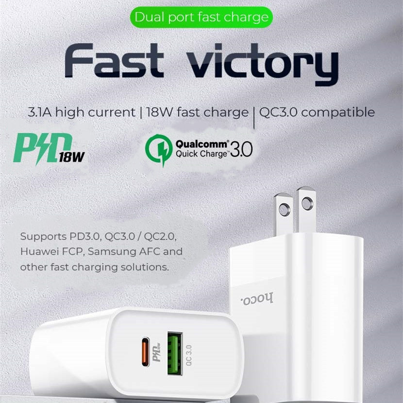 QC3.0 18W USB-A & USB-C Dual Port Fast Wall Charger