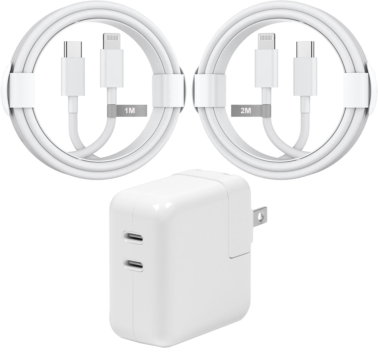 Adaptateur secteur double USB-C 35 W, chargeur mural rapide et câble USB-C vers Lightning (1 m et 2 m)