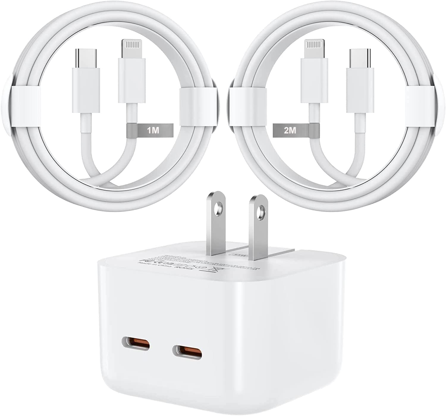 Adaptateur secteur à charge rapide double USB-C PD 3.0 35 W, chargeur mural et câble USB-C vers Lightning (1 m et 2 m)