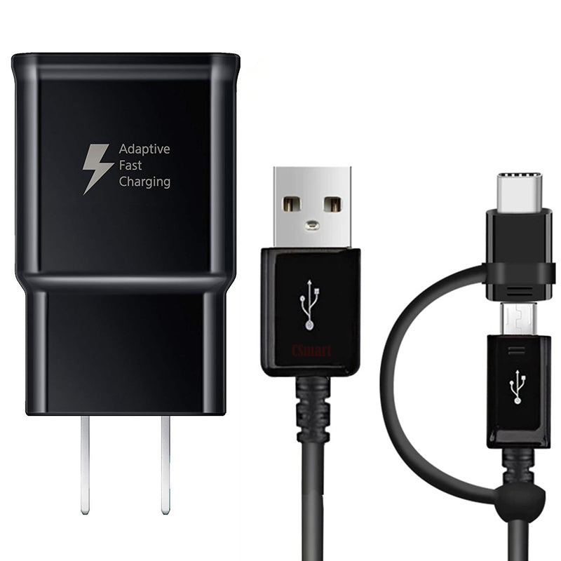 Adaptateur secteur USB à charge rapide, chargeur mural et câble Micro USB/USB-C (1 m) pour téléphones Samsung Motorola Google