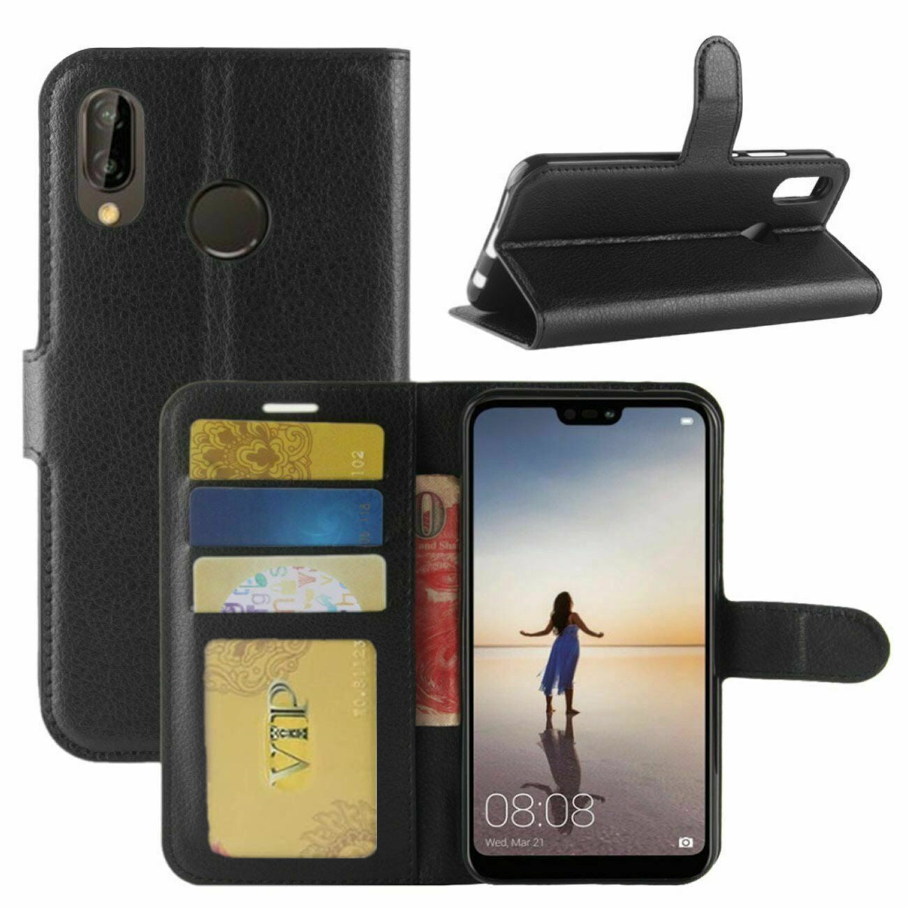 Leather Folio Wallet Case for Huawei P20 Lite