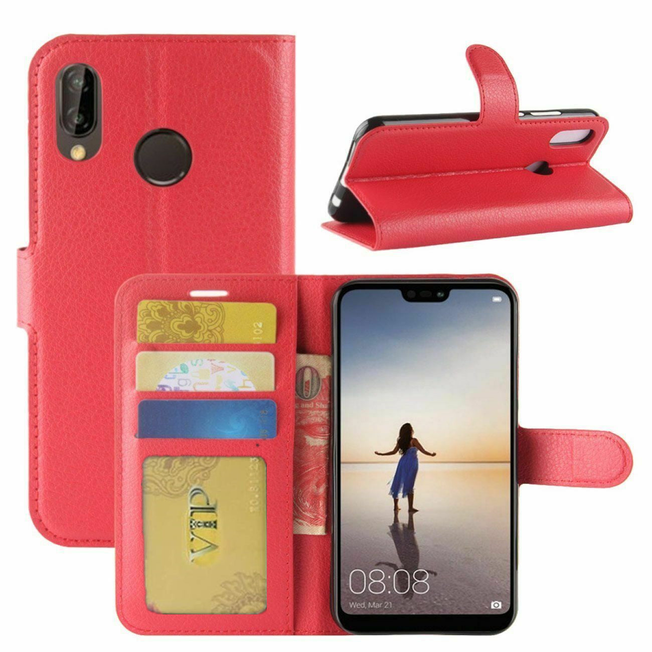 Leather Folio Wallet Case for Huawei P20 Lite