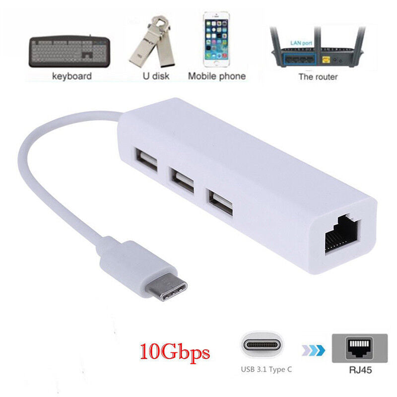 4 in 1 USB-C to 3 Ports USB Hub + RJ45 Ethernet Lan Adapter